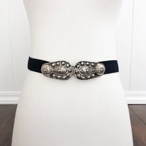 Vintage Accessocraft NYC Stretch Belt Antiqued Silver Tone Detail Formal Black